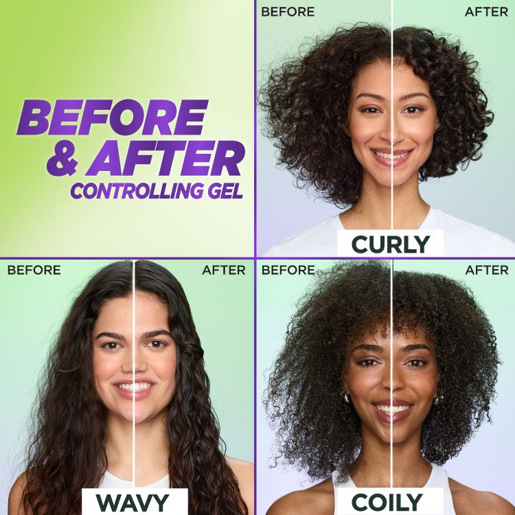 Before and after comparison of curly, wavy, and coily hair using controlling gel.